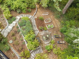 Aerial view showcasing beautifully arranged garden beds