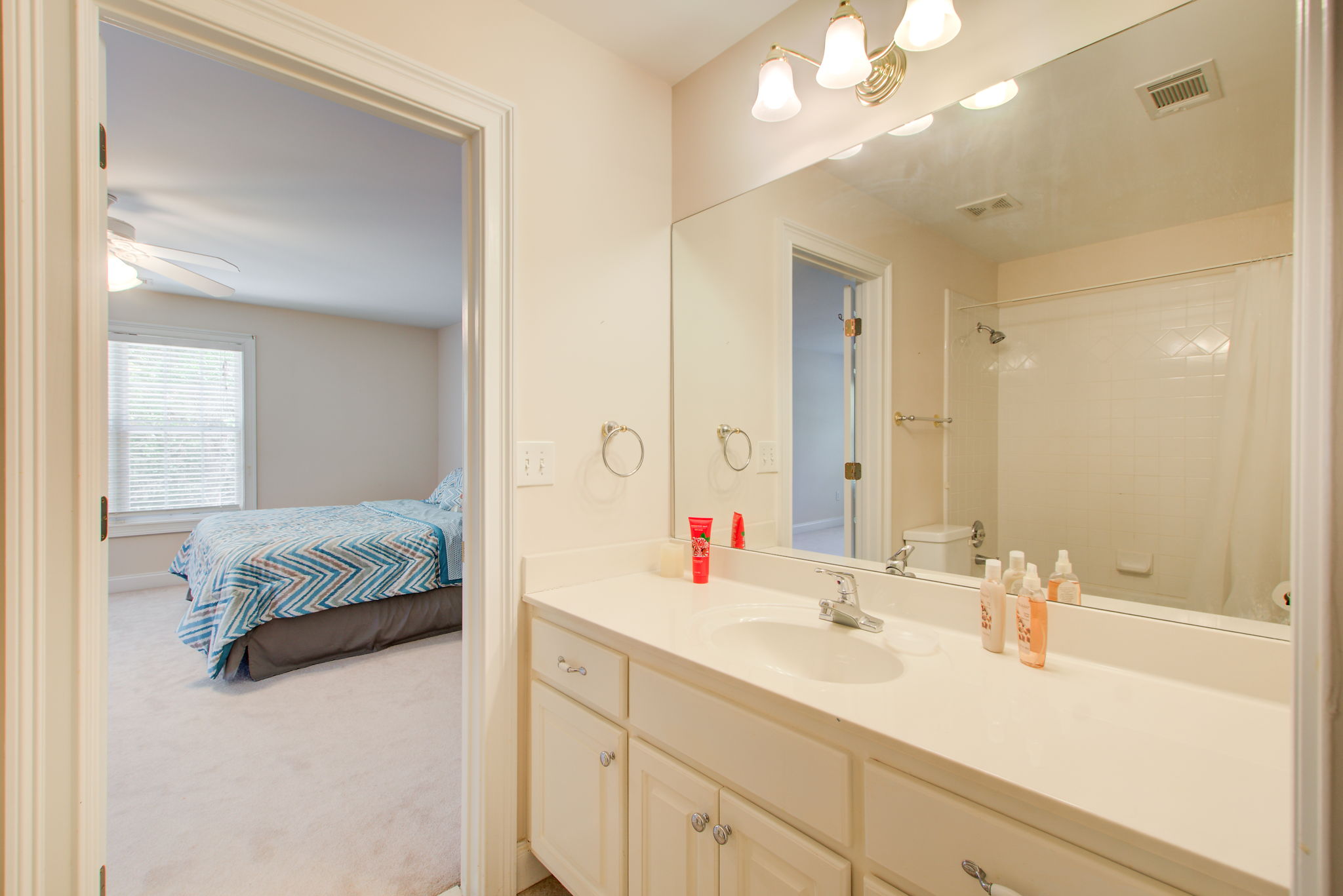 32 Shared Full Bath B Vanity Detail w BR View