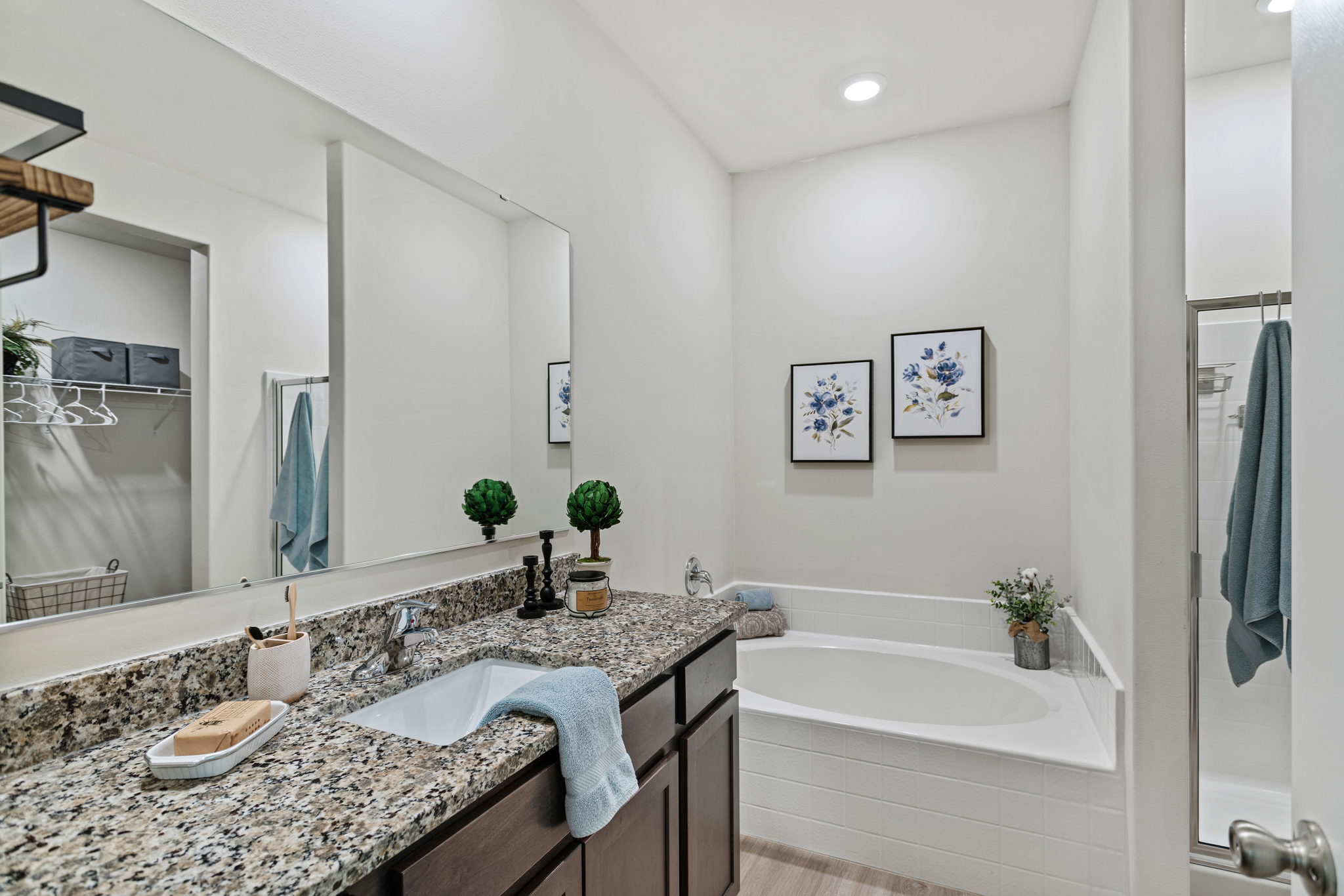 Granite countertop vanity and large soaking tub