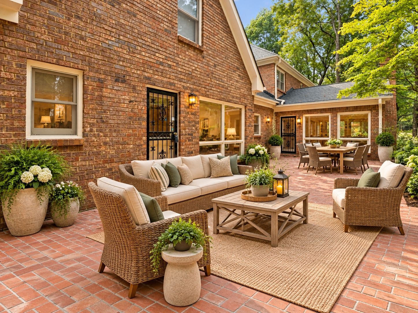 AI Staged - Exterior brick facade featuring a spacious herringbone-patterned brick Patio