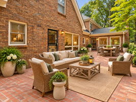 AI Staged - Exterior brick facade featuring a spacious herringbone-patterned brick Patio