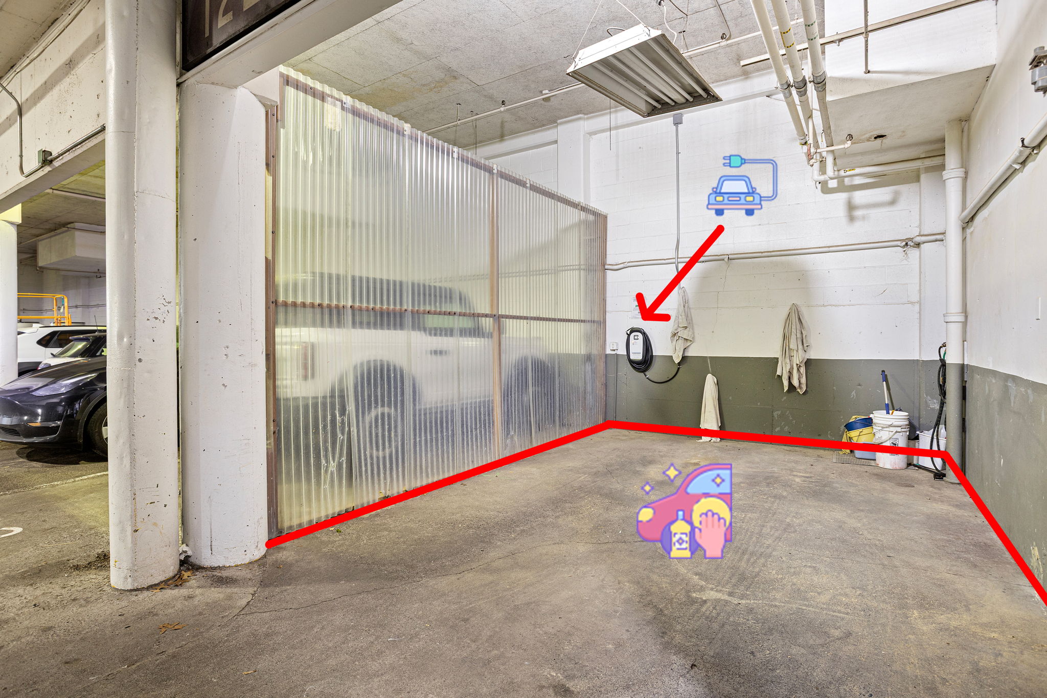 Garage amenities that make life easier. Community car wash, a temporary loading zone, and EV charging.