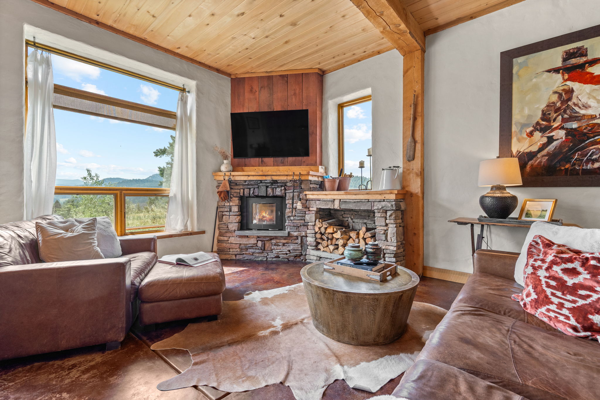 Stone Fireplace and Mountain Views