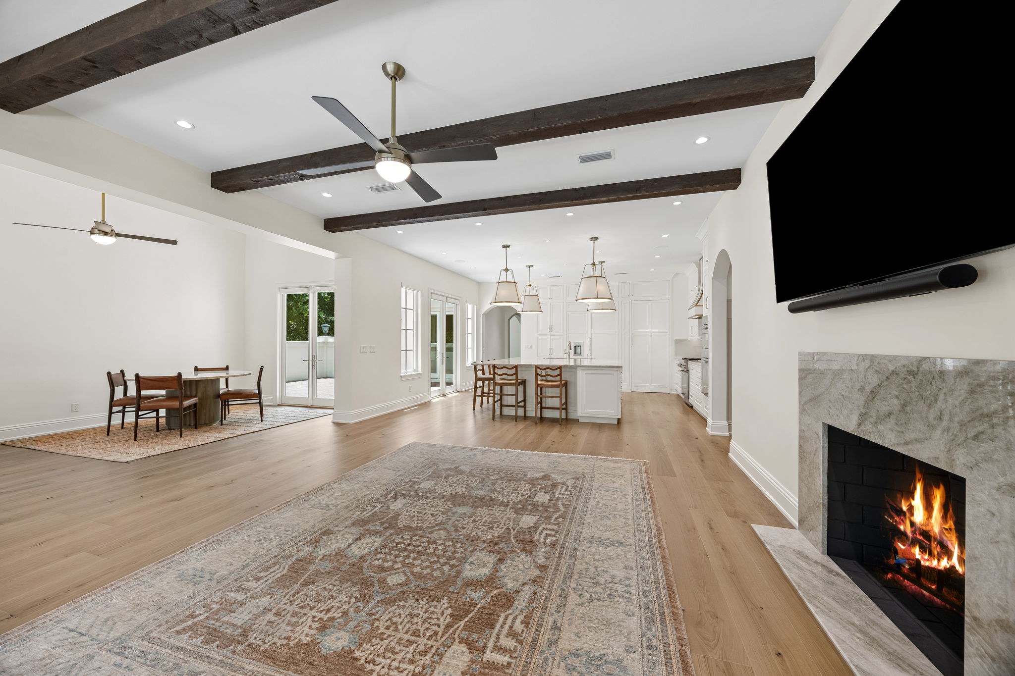 Gas Fireplace & Exposed Wood Beams