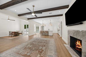 Gas Fireplace & Exposed Wood Beams