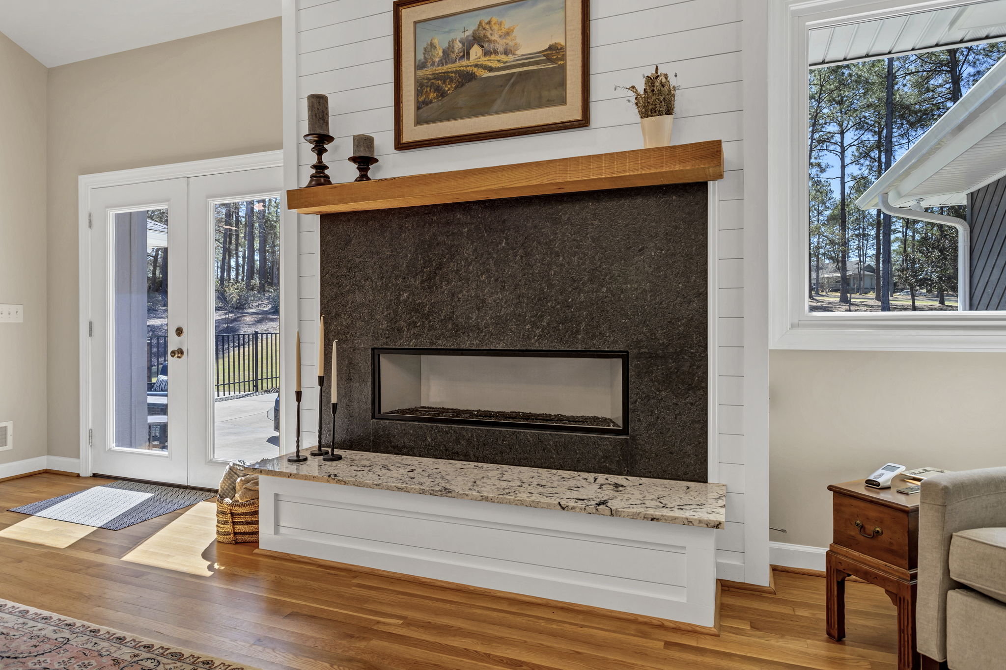 Custom hearth and surround highlight this ventless gas fireplace.