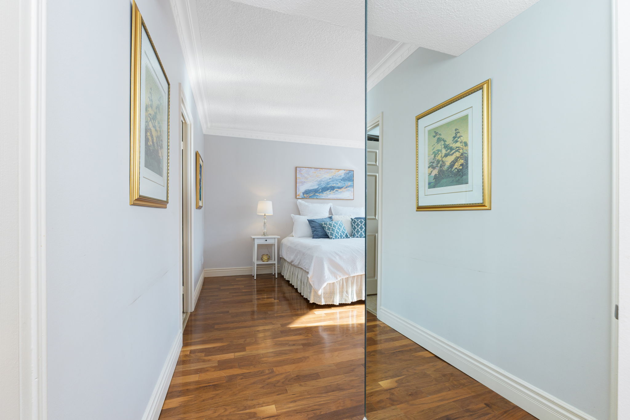 Mirrored wall across from walk-in closet