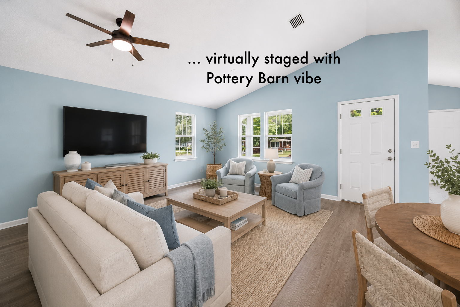 … virtually staged to show how naturally the room accommodates conversation, dining and relaxed evenings