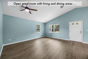 The vaulted great room brings living and dining together in one airy, flexible gathering space …
