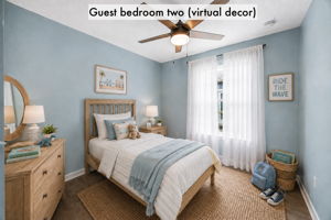 Guest bedroom two is virtually staged to illustrate a cheerful space for children, visitors or a home office