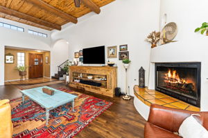 Living Room with hand hewn viga beams