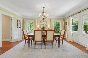 Windows on two sides invite in the light in. Bright, inviting, and graceful-the kind of dining room where birthdays, Thanksgivings, and everyday dinners all feel special.