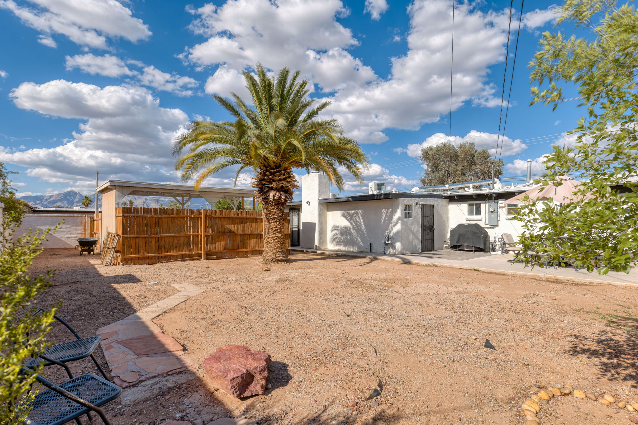 Spacious backyard with mature trees, bushes and enough space to use your imagination!