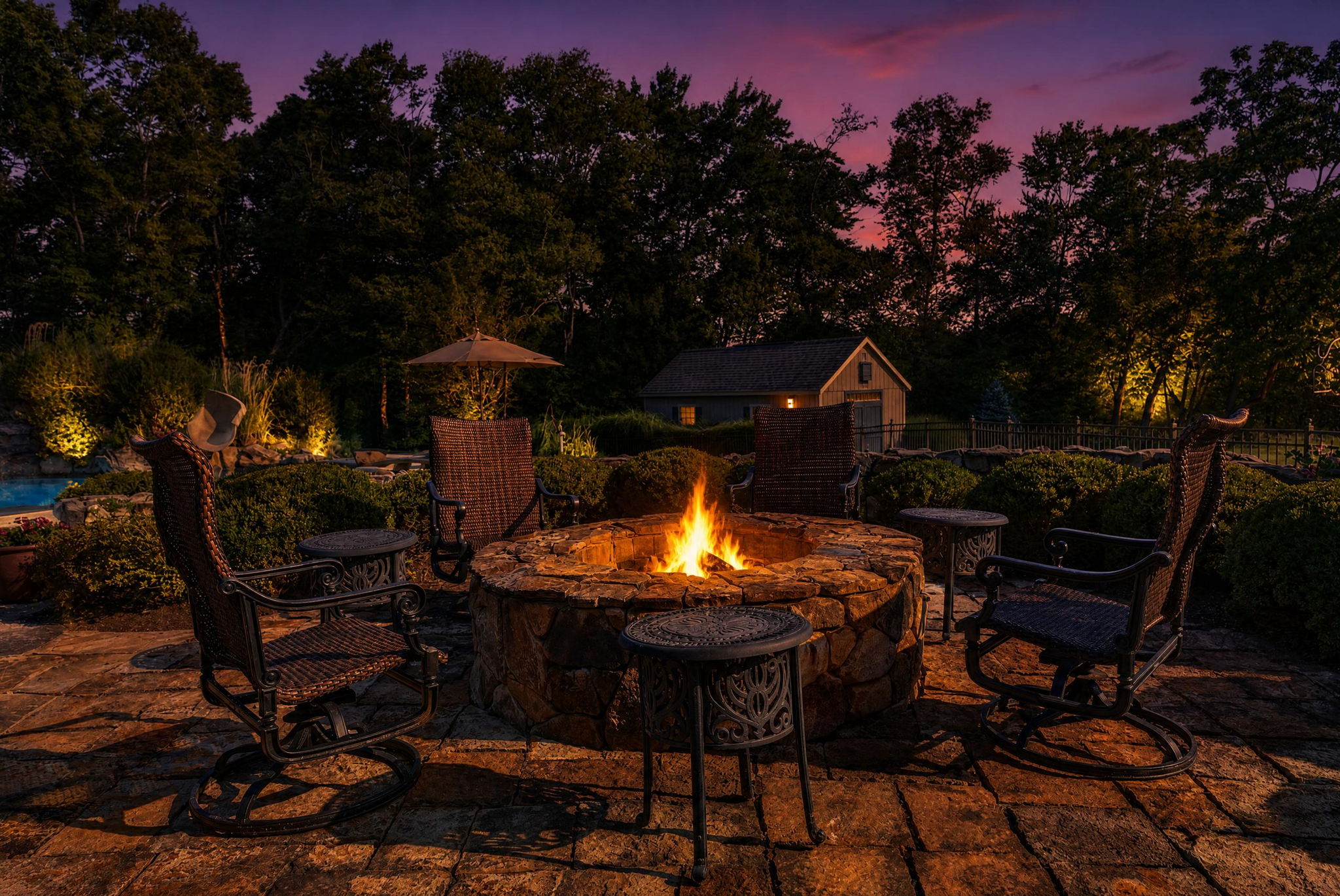 PATIO/STONE FIREPIT A sprawling stone patio with stone firepit creates the perfect setting for relaxing