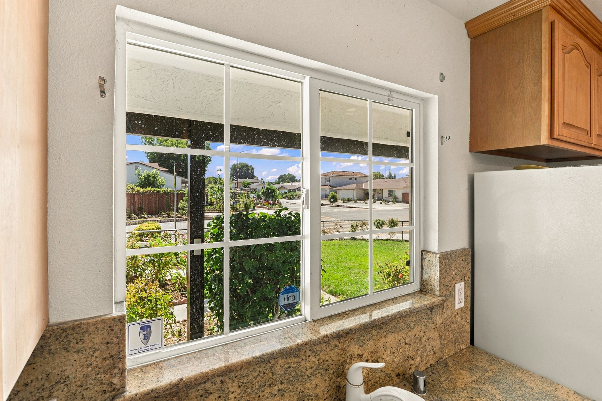 Kitchen Window View of Scented Rose Garden & Sitting Bench to Enjoy your Morning Java!