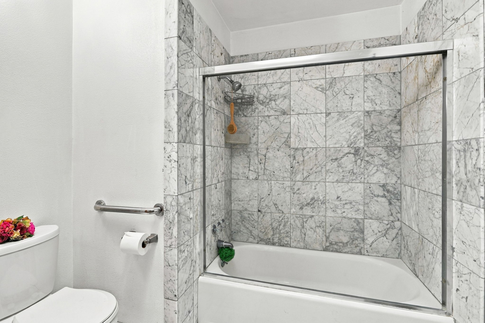 Hall Bath Custom Natural Carrera Marble Walls Embracing the Shower o/Tub