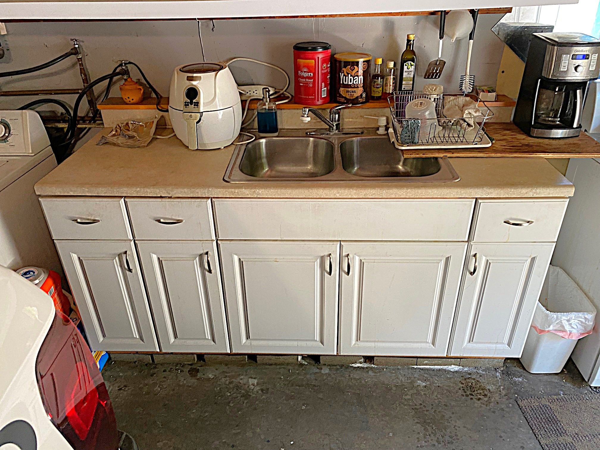 Garage S/Steel Double Sink Cabinet w/Glass Dish Storage Cabinet above it