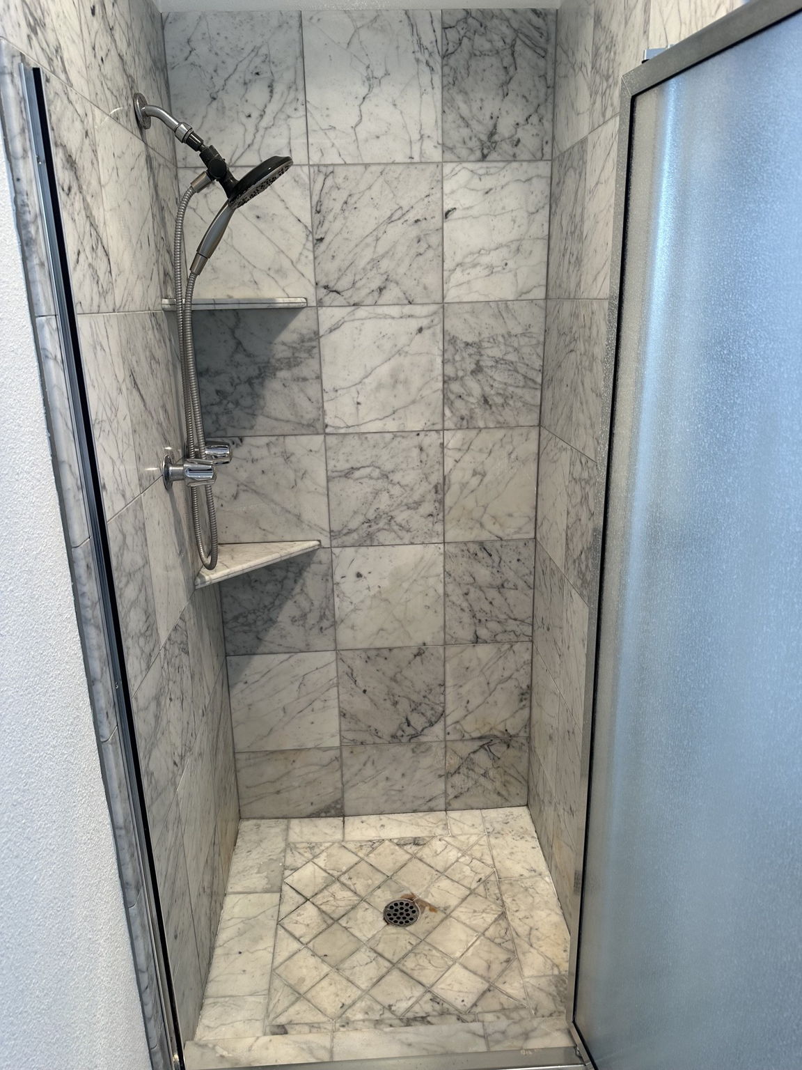 Magnificent Custom natural Carrera Marble Stall Shower w/2 Integral Shelves