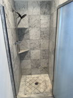 Magnificent Custom natural Carrera Marble Stall Shower w/2 Integral Shelves