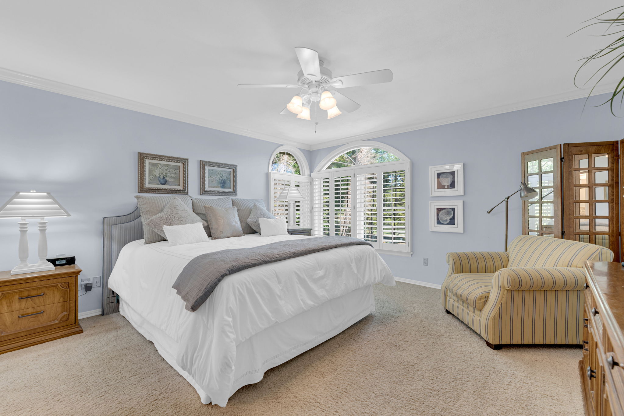 Main Floor Master with Views of the Lake Crown Molding, Plantation / Energy Efficient Shutters
