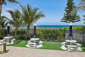 Picnic tables and umbrellas on the beach