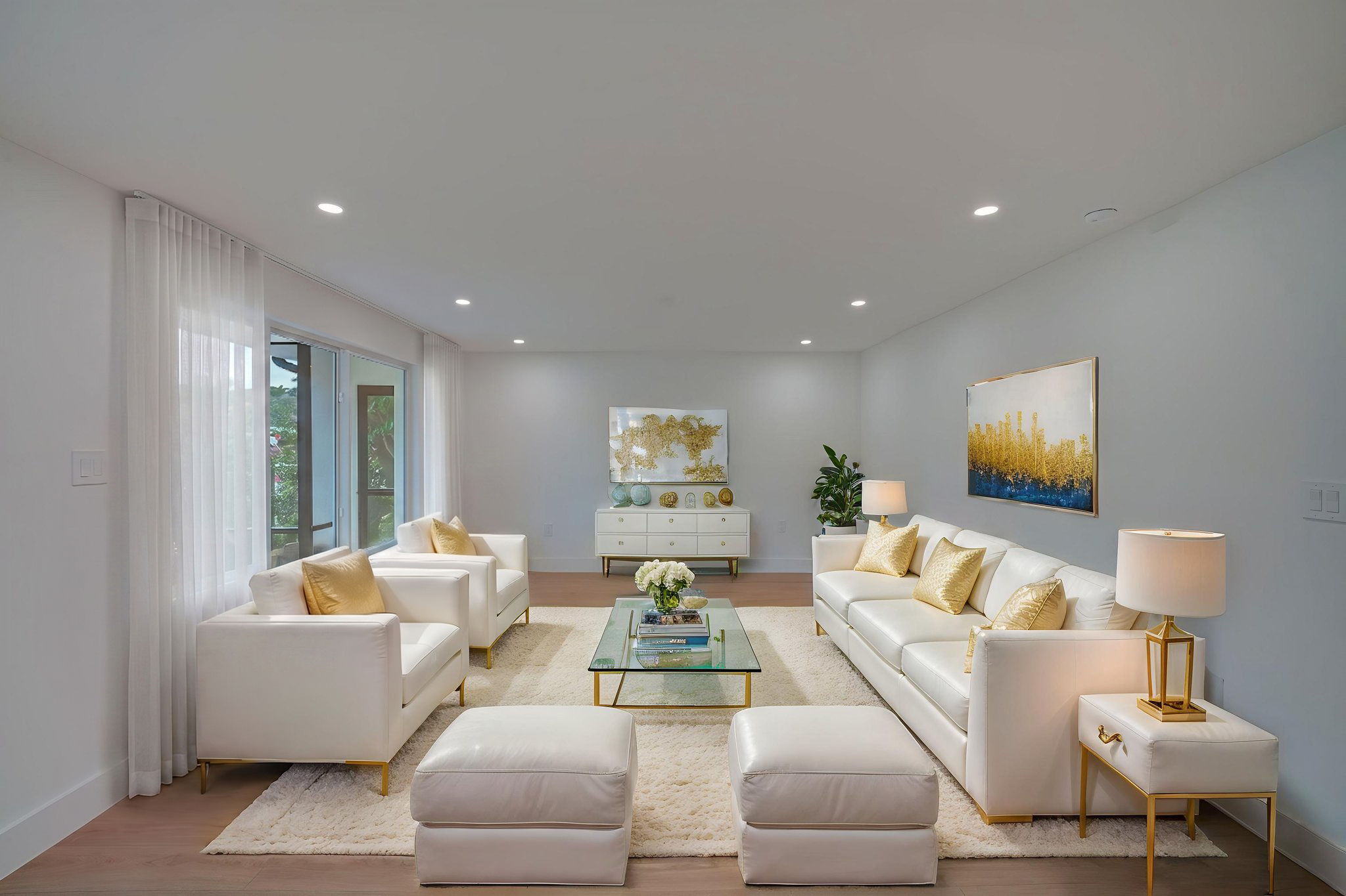 Virtually staged living room demonstrating spatial layout potential over luxury vinyl plank flooring with direct views toward the waterfront lanai.
