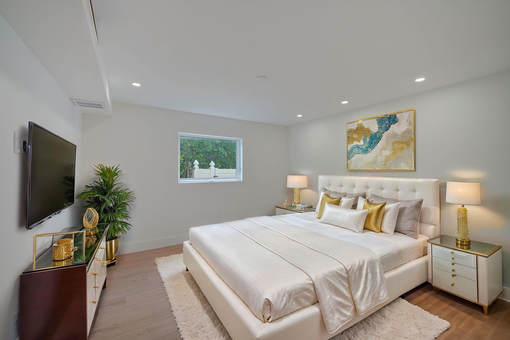 Virtually staged primary bedroom demonstrating king-size bed placement, highlighting the room's scale and waterfront views.