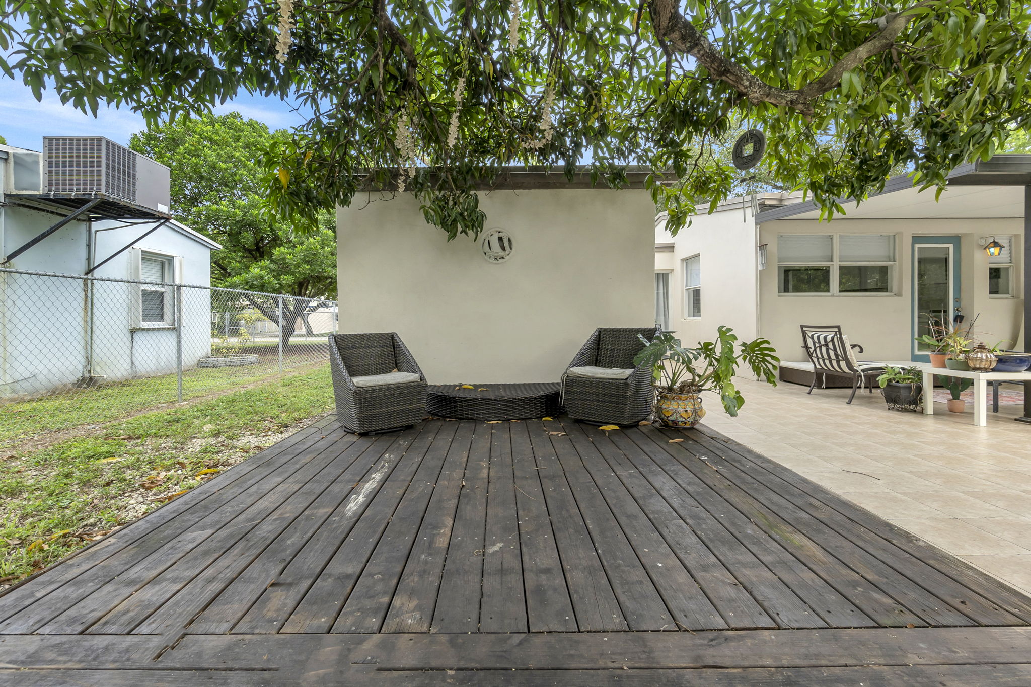 Wood deck sitting are
