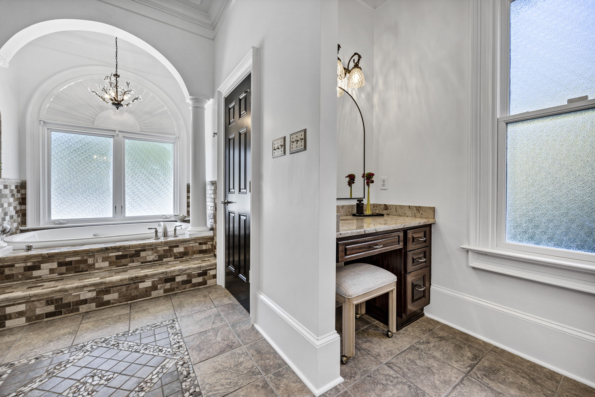 primary bath 3rd vanity; privacy glass for natural light; whirlpool tub