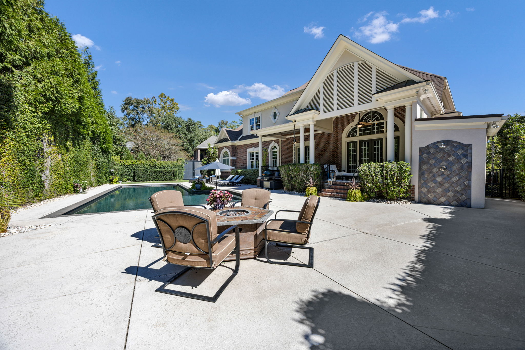 fire table with built-in gas line; outdoor shower (w hot and cold!)