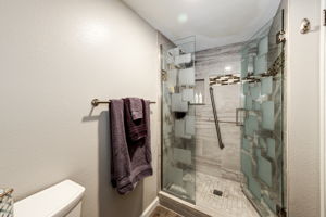 Primary bathroom with a custom tile walk-in shower