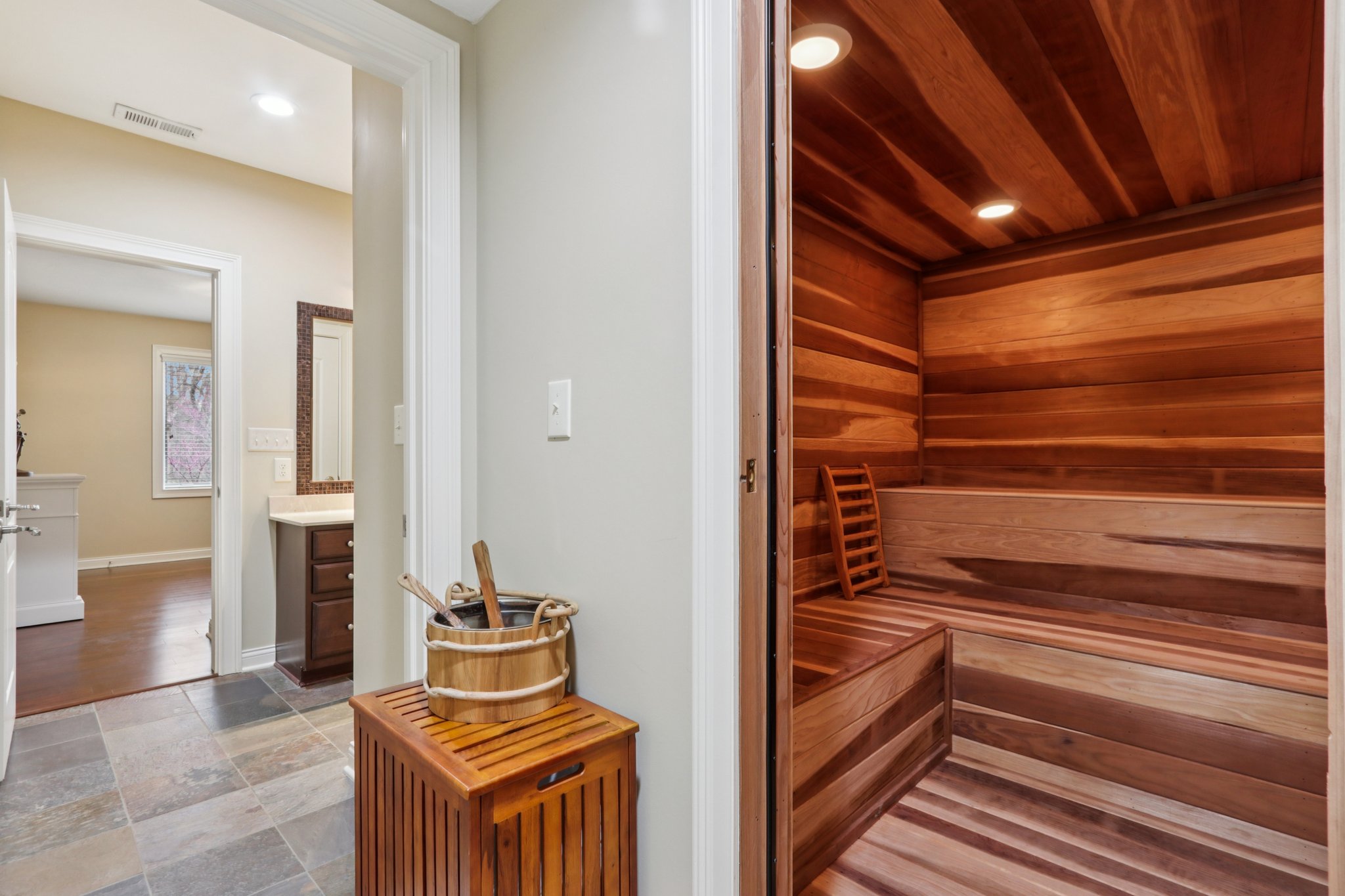 Sauna / steam room has direct access from exercise room and also bedroom 4