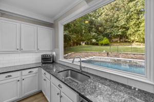 Picture window overlooking serene yard and pool