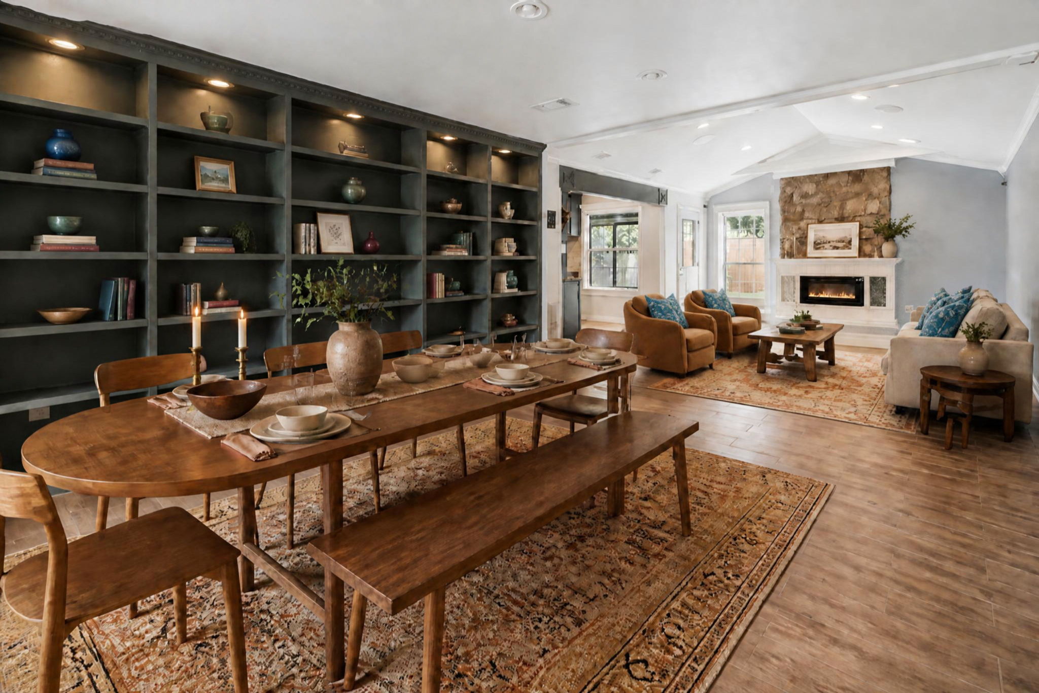 Virtual styling of flex space/front room as dining area, flowing in the living room.