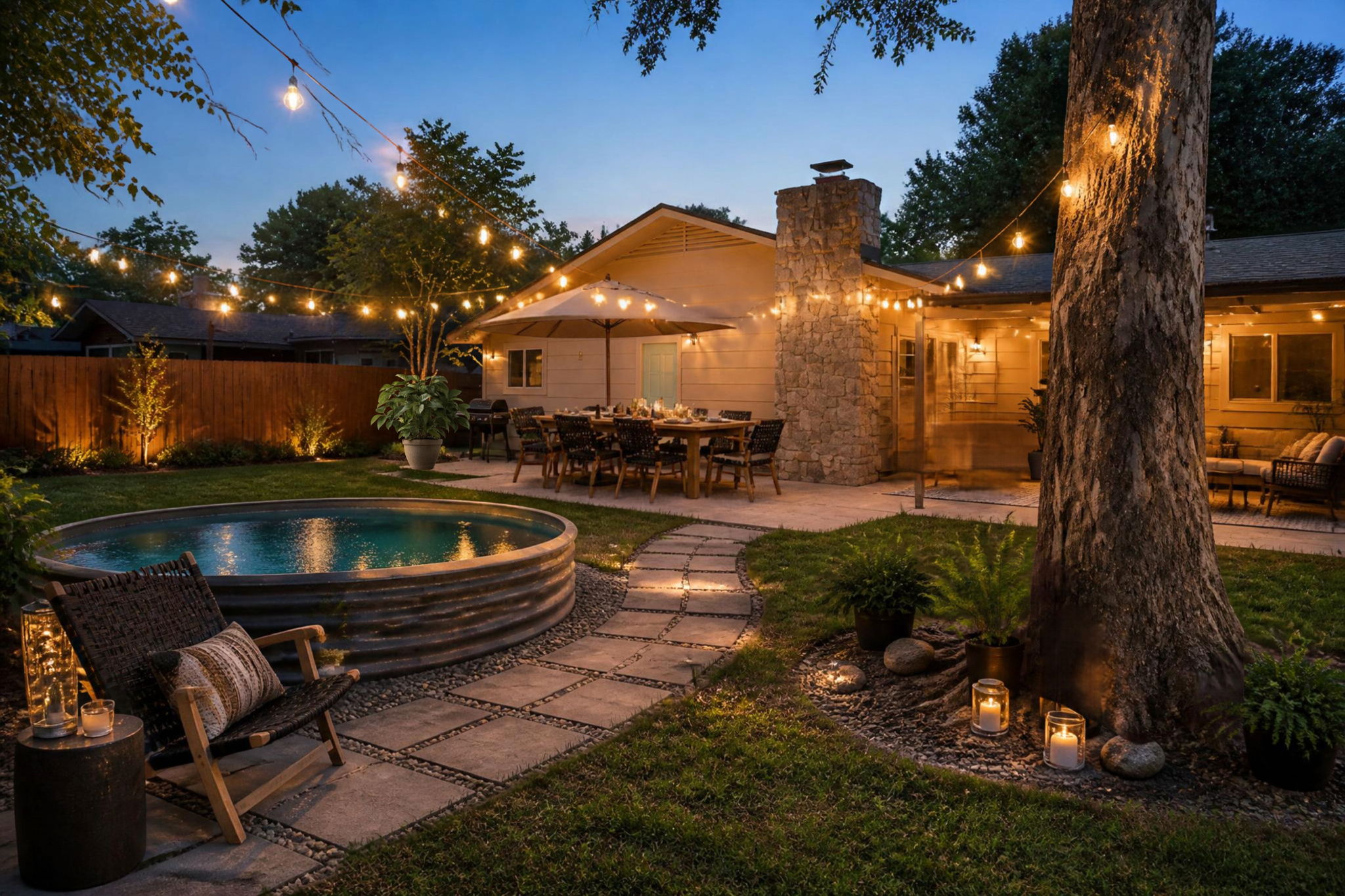 Virtual styling of the lush backyard as a private oasis.