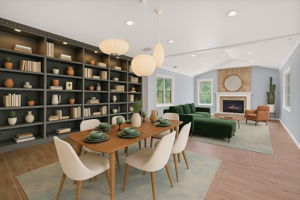 Virtual revisioning of dining/library space with custom bookshelves (note AI moved the back door)