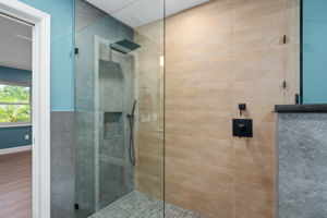 Large barrier free shower with stationary shower head & hand held shower spray with seamless glass enclosure