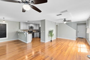 Living Room with View to Dining Room & Kitchen