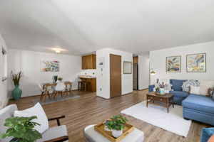 open floor plan with coat closet facing living room and pantry closet facing kitchen