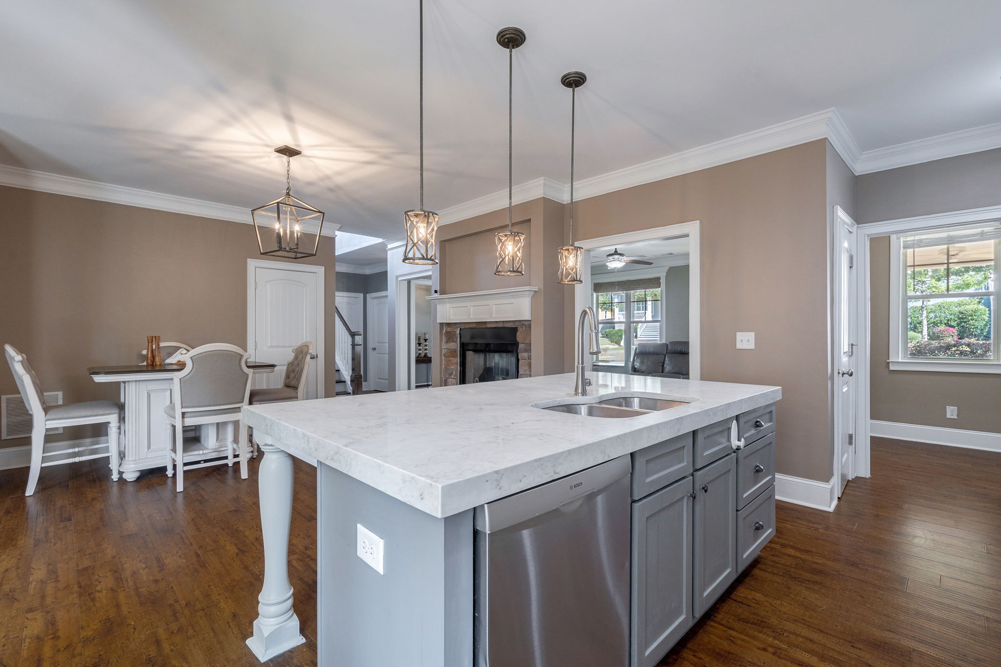 Kitchen & dining area with gas fireplace