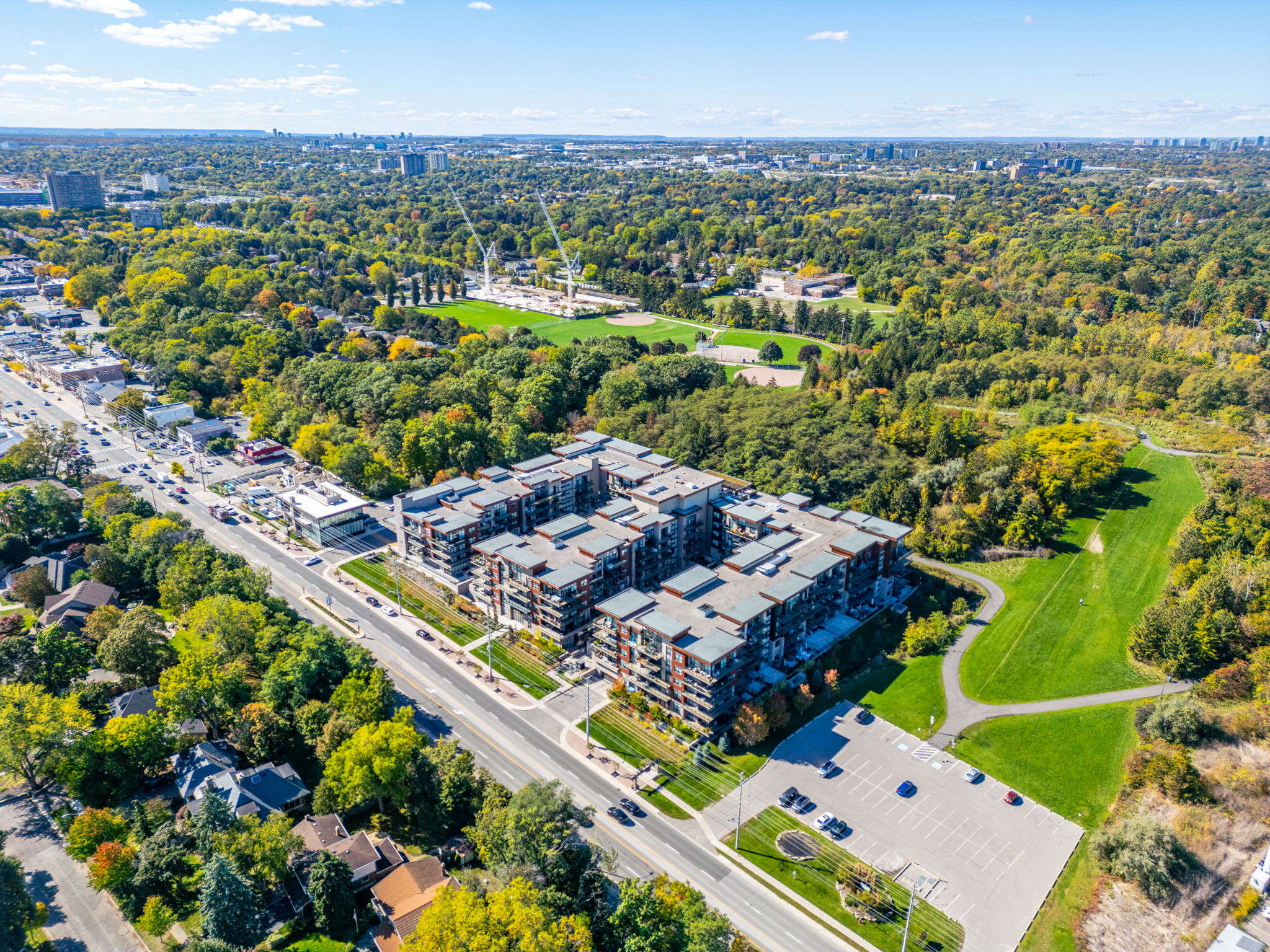 building and adjacent park