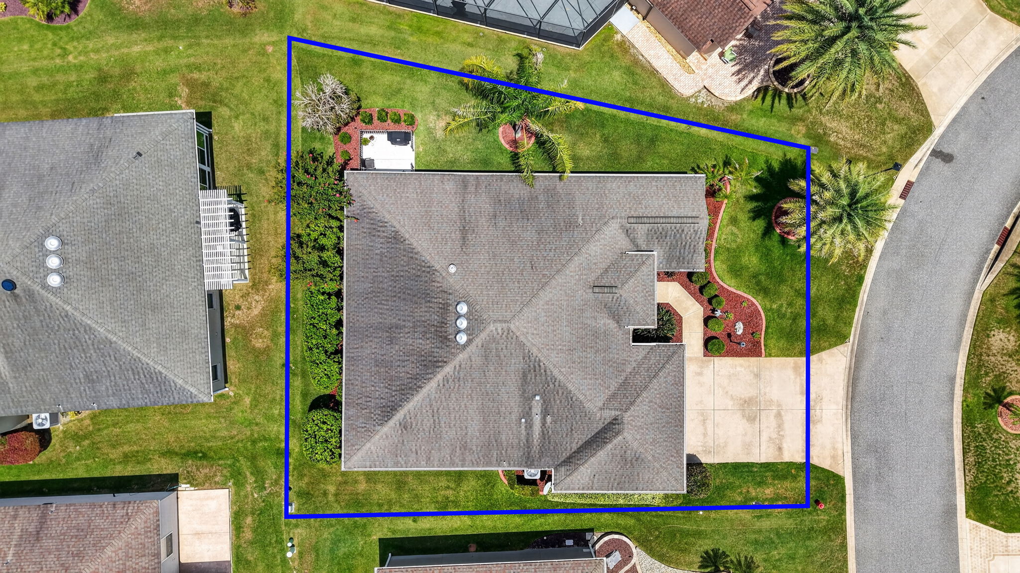 Aerial Side Elevation with Property Lines, Rear PRIVACY Landscaping, and ROOM FOR A POOL!