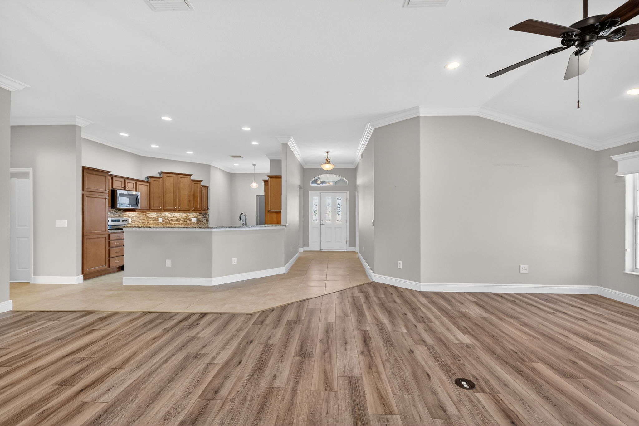 Kitchen, Dining, and Living Rooms