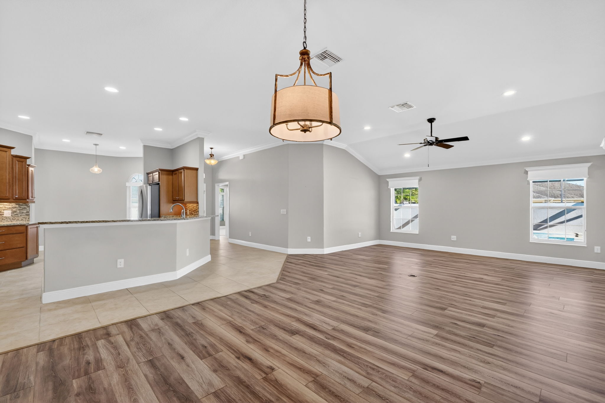 Kitchen, Dining, and Living Rooms