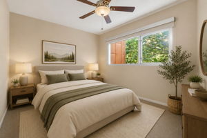 Primary suite with treed view.