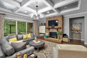 Great Room with Coffered Ceiling, Gas Fireplace