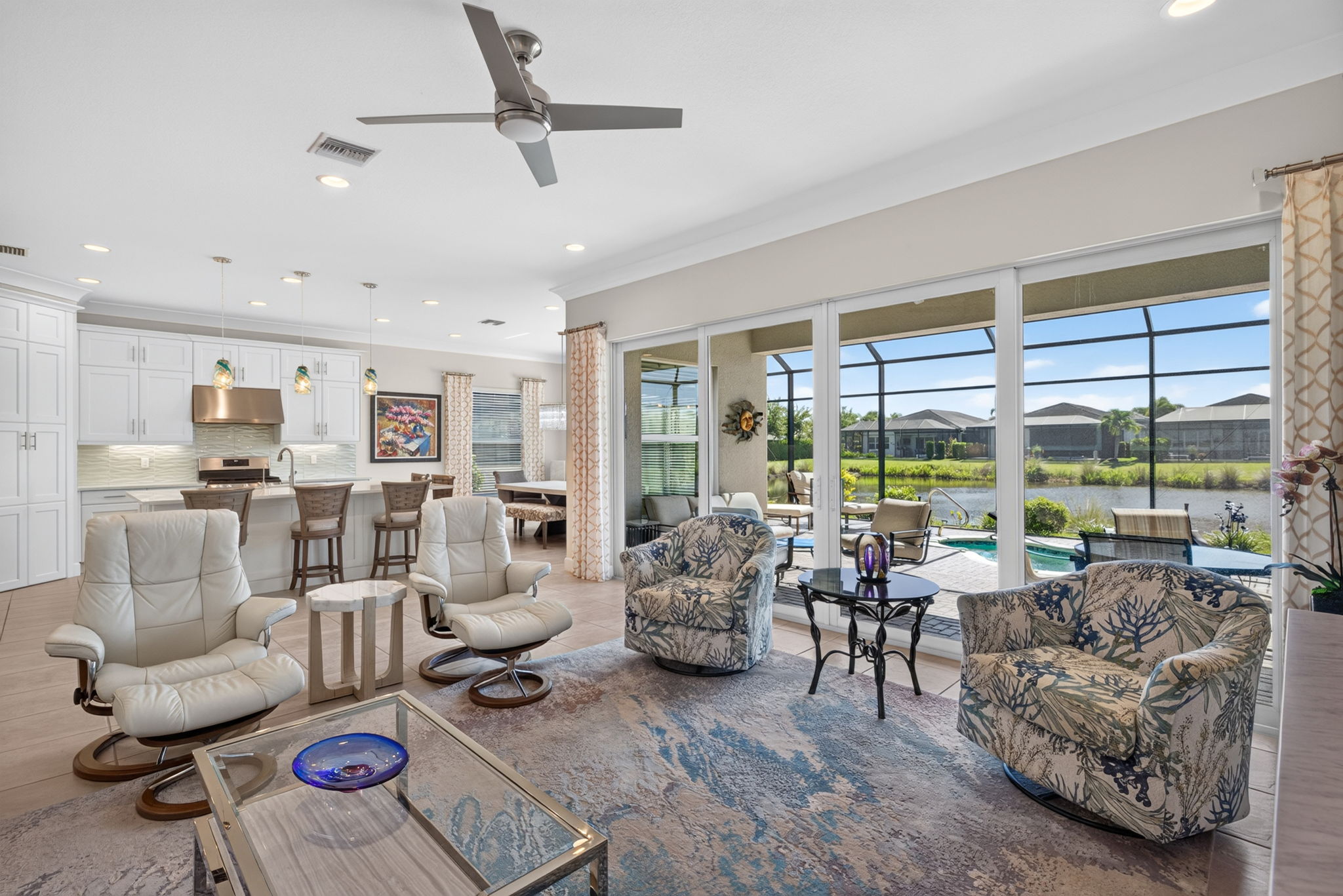 Kitchen flows seamlessly into great room and dining area.
