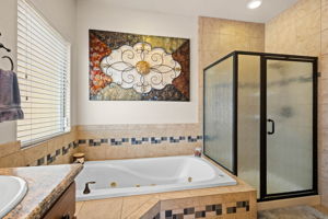 Primary Bathroom with jetted tub and oversized standalone shower with tile surround