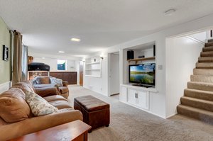 Lower level Family Room has Built-in shelves & Storage Cabinets.