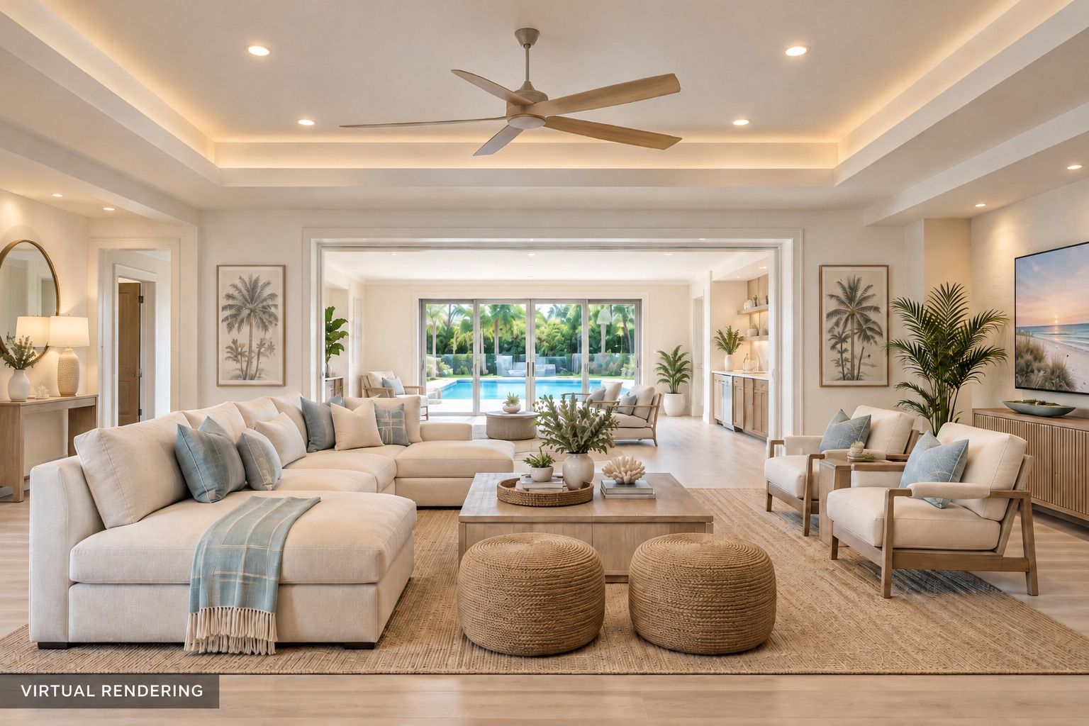 Coastal Living Room with Pool Views